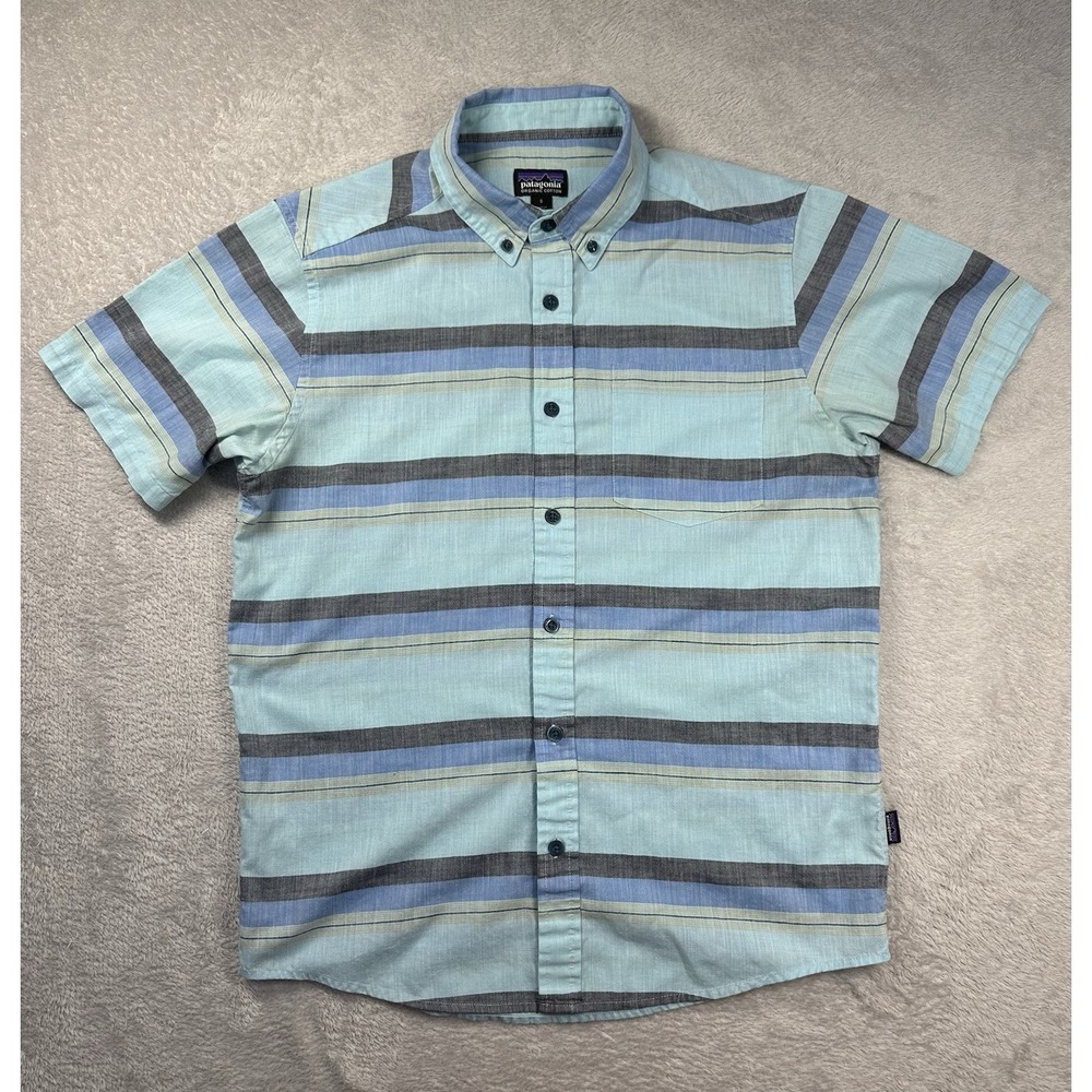 Patagonia Button Down Shirt Mens Small Blue Striped Squeaky Clean Short Sleeve